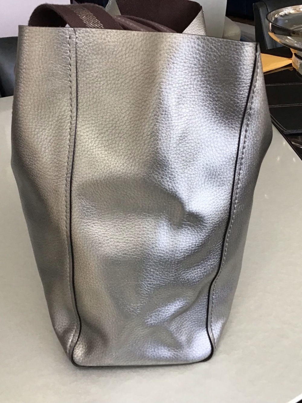 Coach Gunmetal Metallic Large Leather Tote with Dark Brown Straps EUC - Picture 10 of 13